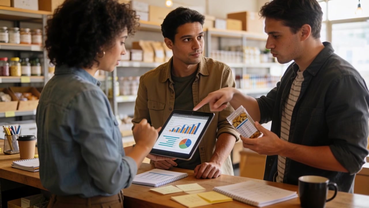 Showing man holding tablet in shop, woman tapping charts, right checking product on phone for sales