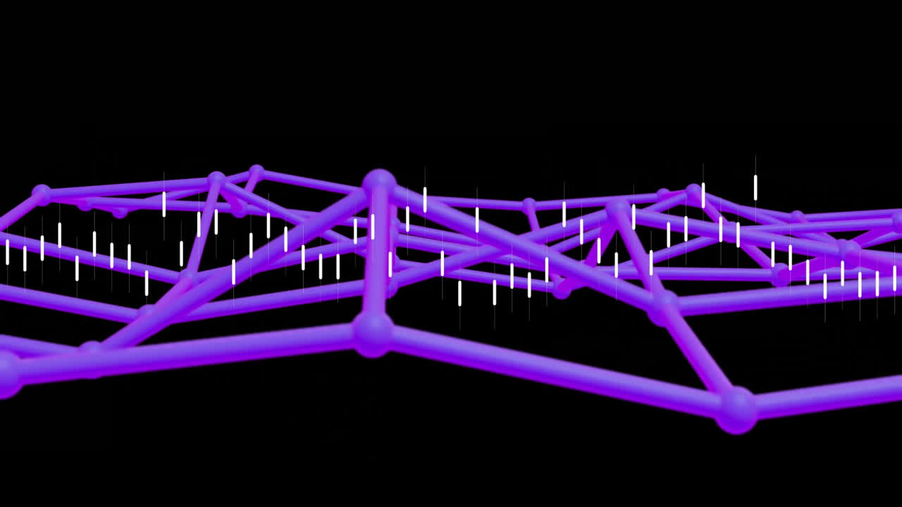 Purple geometric shapes and lines with data bars animation on black background