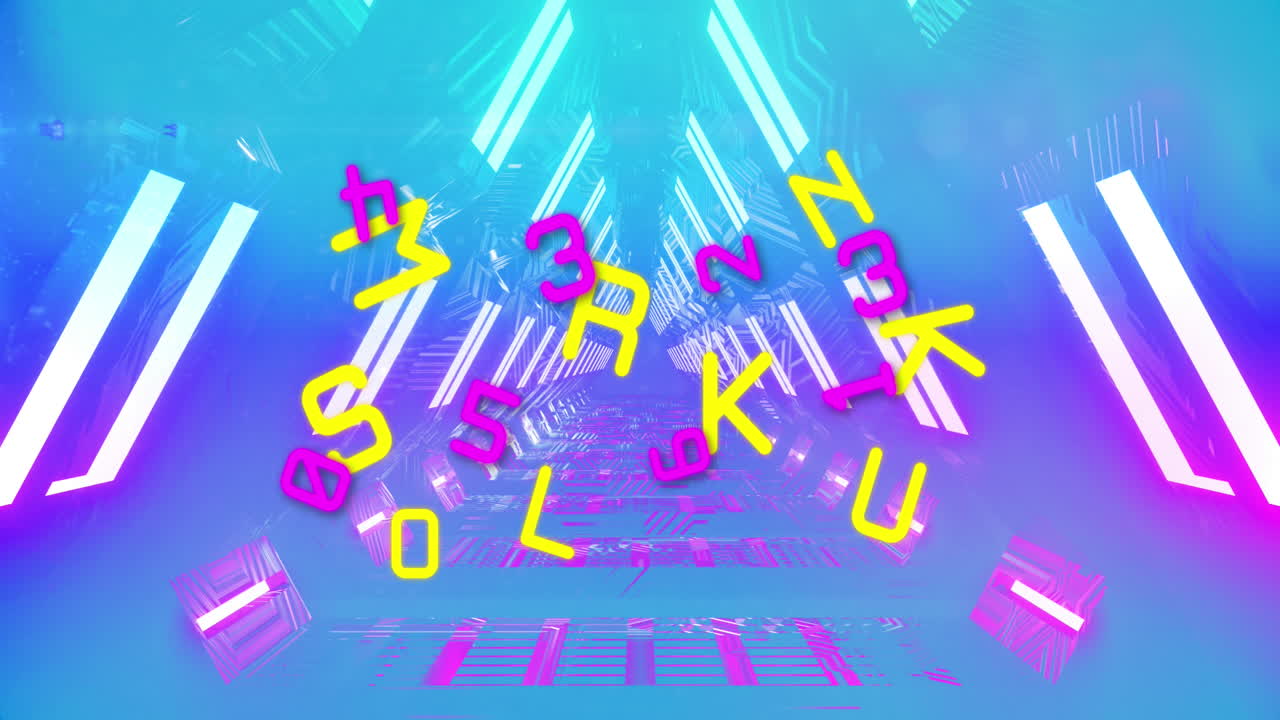 빛나는 네온 터널로 숫자와 글자의 애니메이션