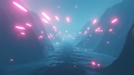 4k-video-animation von nebligen flussufern und berglandschaften, mit einer magischen rosa umgebung und neon-effekt-lichtstrahlen, die sich bilden und über dem fluss schwimmen.