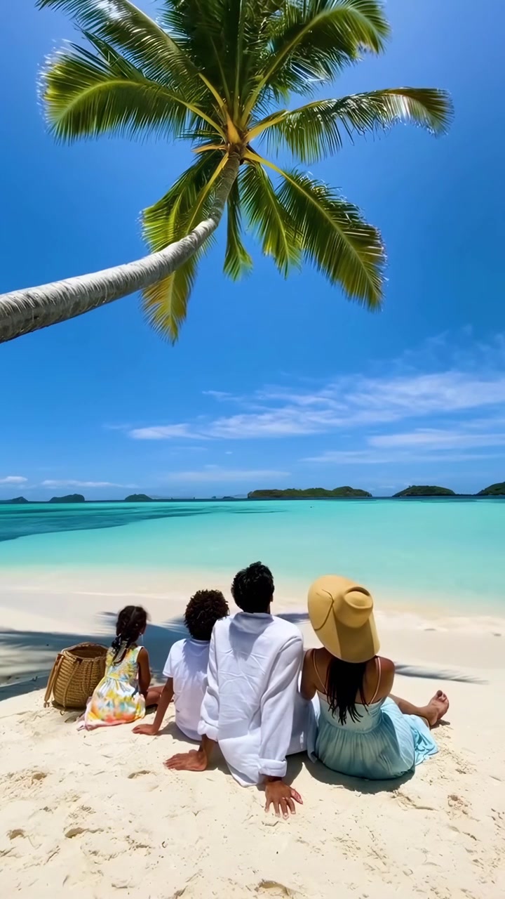 Famiglia seduta su una spiaggia tropicale sotto una palma