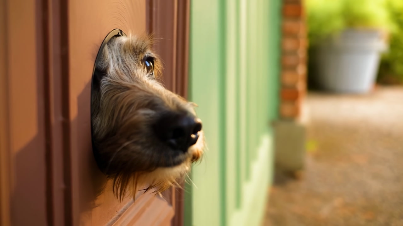 Small Brown Dog Peeking Through Door Gap, Sniffing Air, Tilting Head And Watching Porch Curious Snout