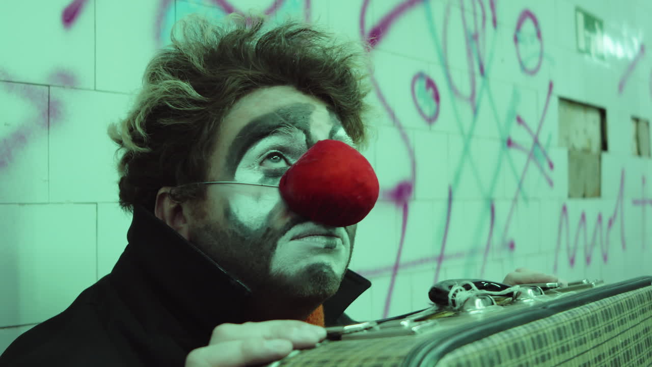 un payaso triste sentado en un paso subterráneo urbano