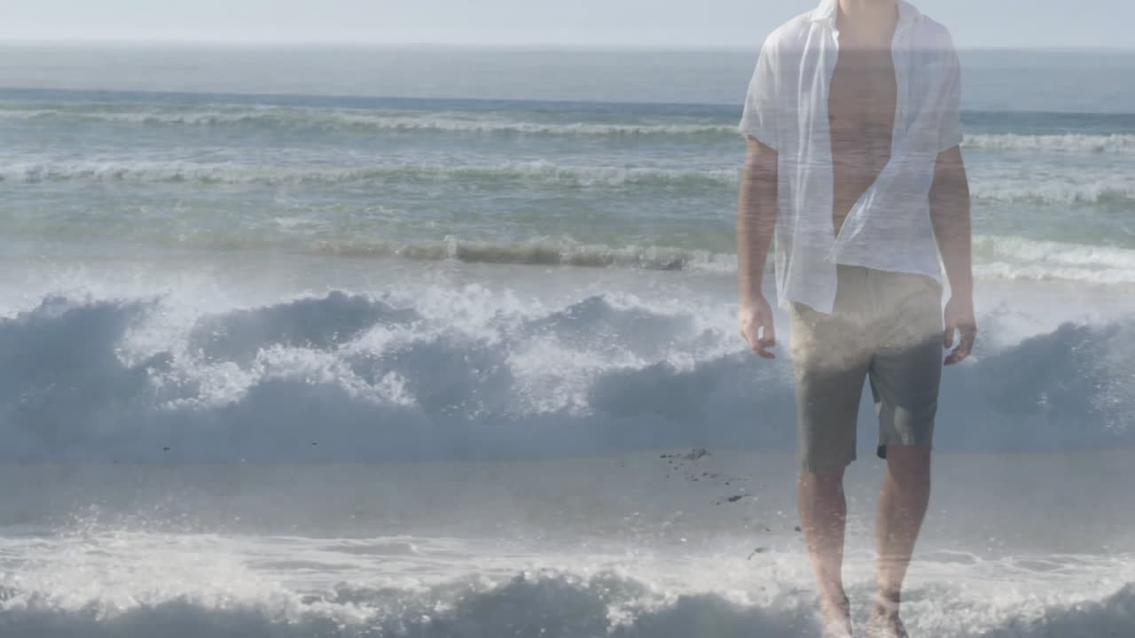 Walking on beach, man with waves crashing in background, enjoying animation scenery