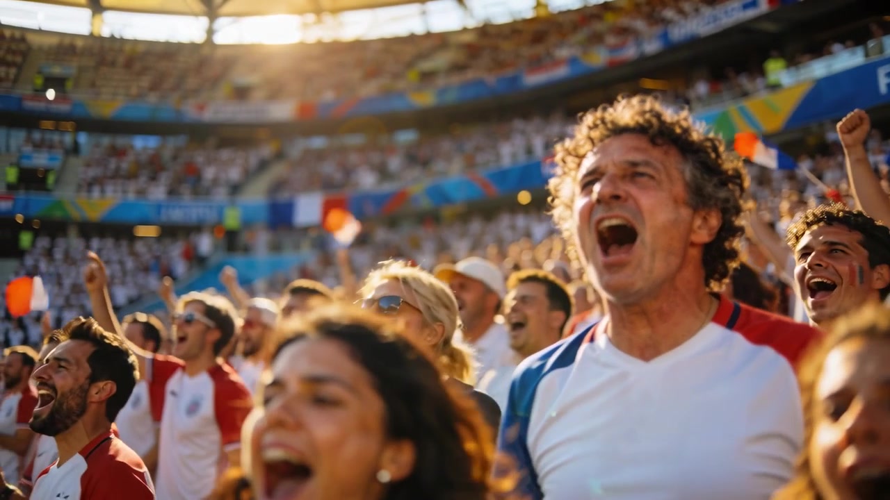 Hombre animando con camiseta blanca de aficionado, levantando el puño en el estadio tras un gol, con banderas.