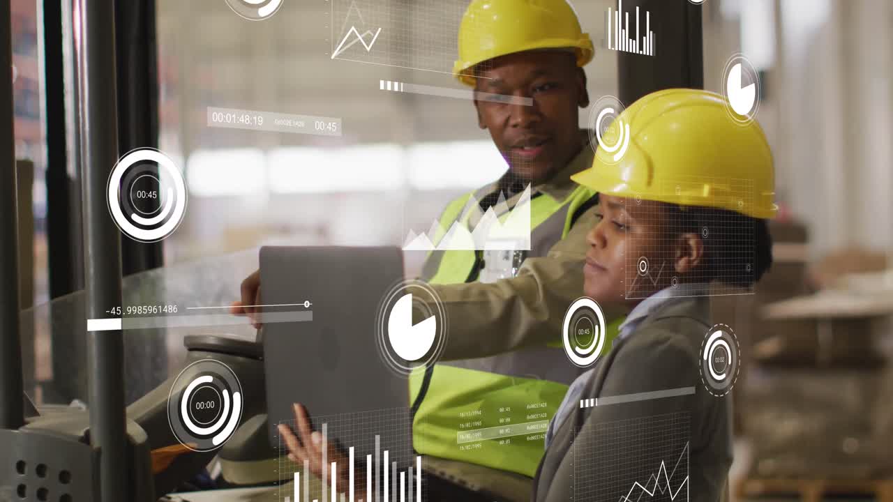 Animation of financial data processing over diverse people working in warehouse