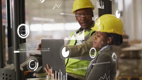 Animation of financial data processing over diverse people working in warehouse