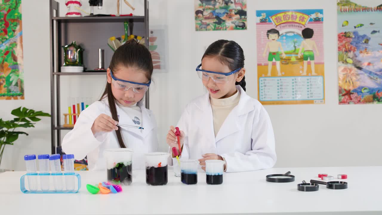 Siswa-siswa Asia mengenakan kacamata pengaman dan jas lab saat menggunakan pipet tetes untuk eksperimen kimia