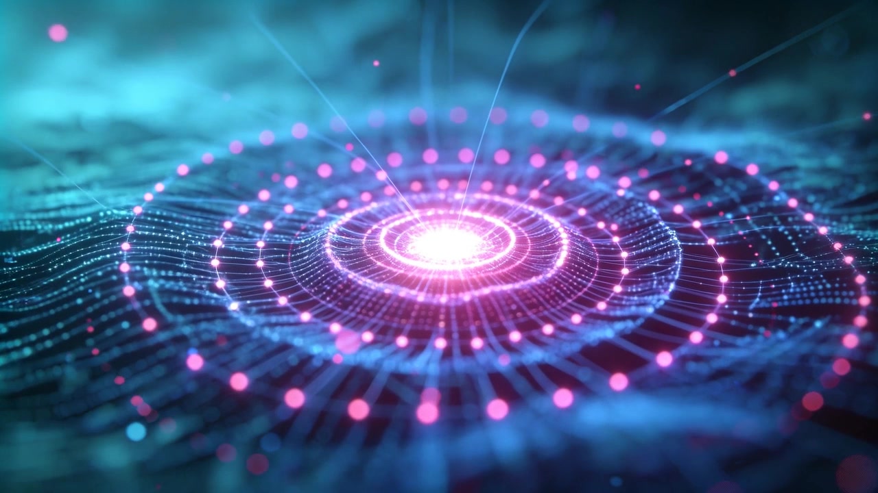 Nucleo centrale luminoso che espande anelli con nodi rosa e linee radiali su una rete ciano, emettendo energia.