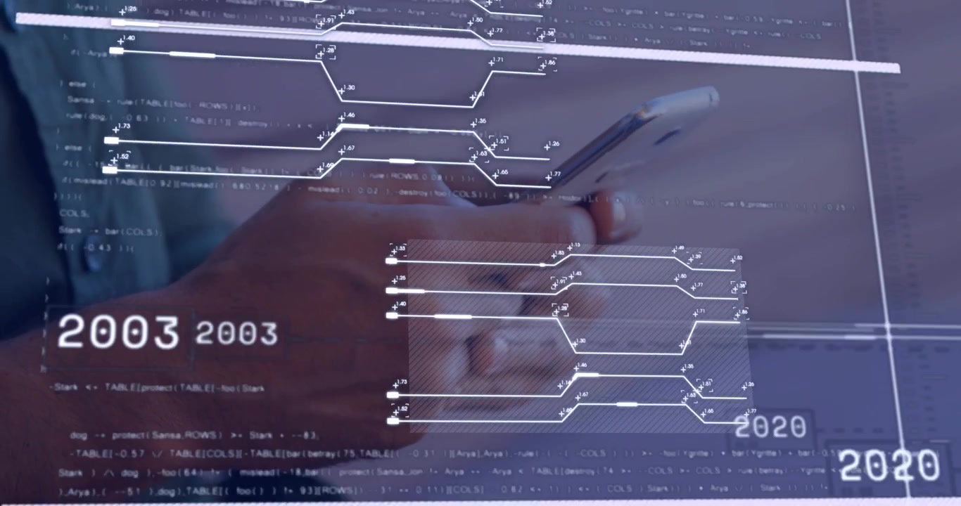 Mid-adult man holding and swiping phone in tech demo, causing faint timeline bars scrubbing to 2013