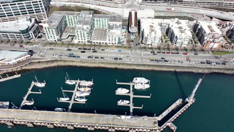 the marina and waterfront of seattle, washington - aerial flyover