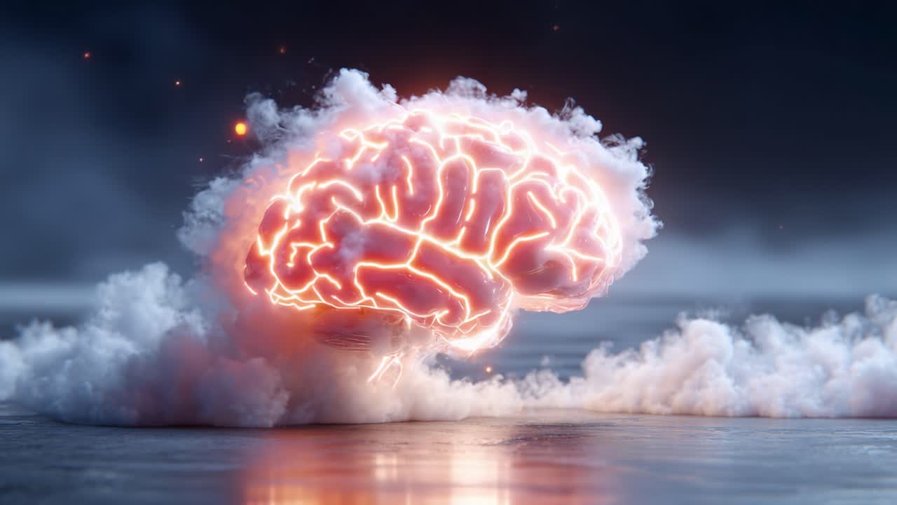 A magnificent display of a glowing brain emerging from a mysterious cloud, symbolizing creativity, inspiration, and the wonders of the human mind in a surreal environment