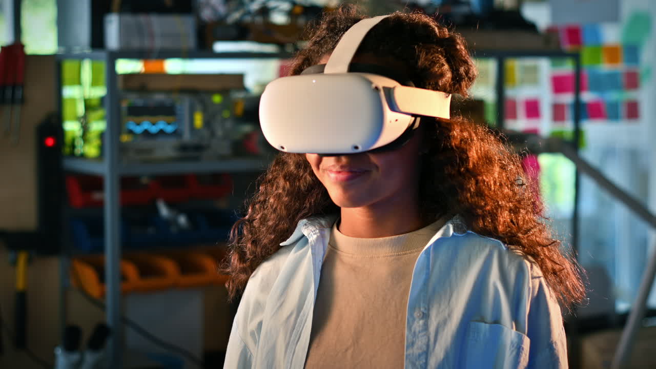 Ritratto al rallentatore di una giovane ragazza nera sorridente con occhiali VR.