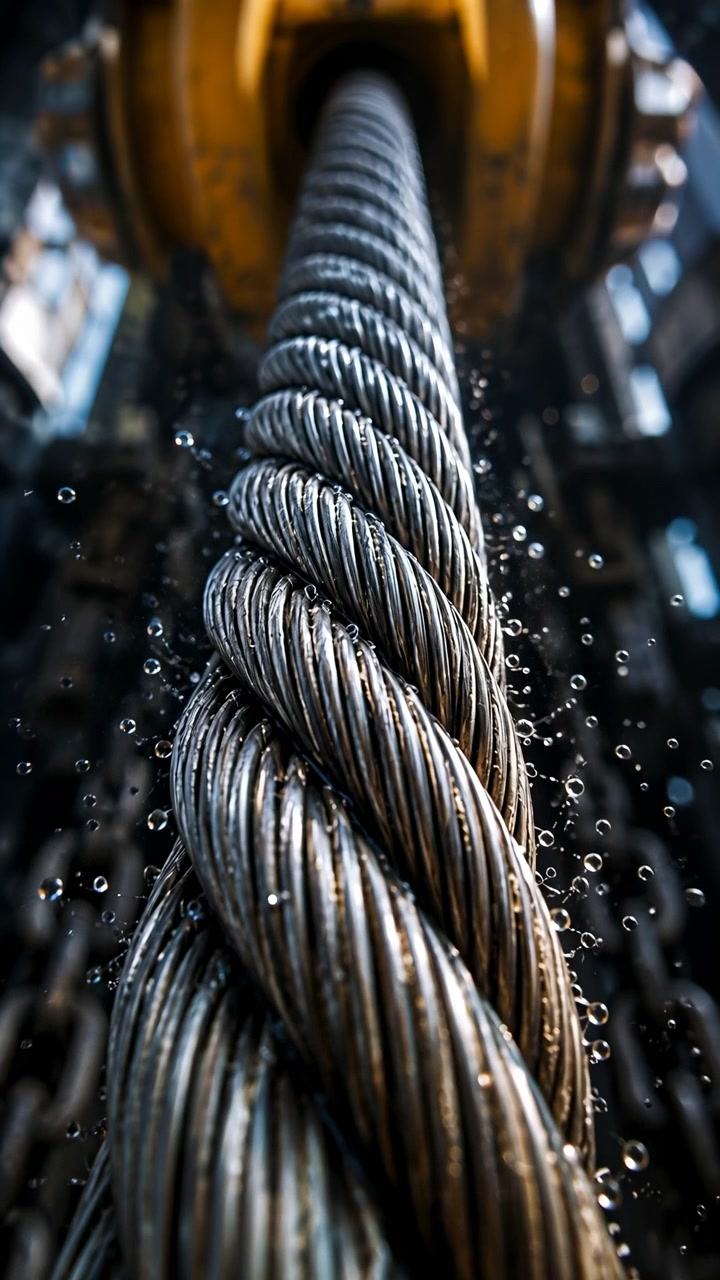 Nærbillede viser et flettet stålkabel, der drejer jævnt gennem udstyr, afslørende metalliske lag, fin tekstur og subtil bevægelse under fokuseret belysning i et industrielt mekanisk miljø.