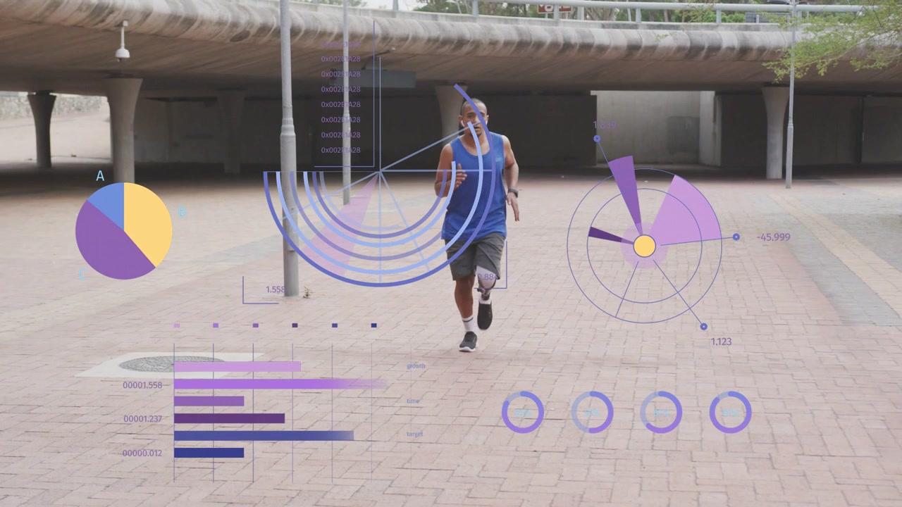 Male runner starting distant, running toward camera underpass, HUD tracking fitness prosthetic limb