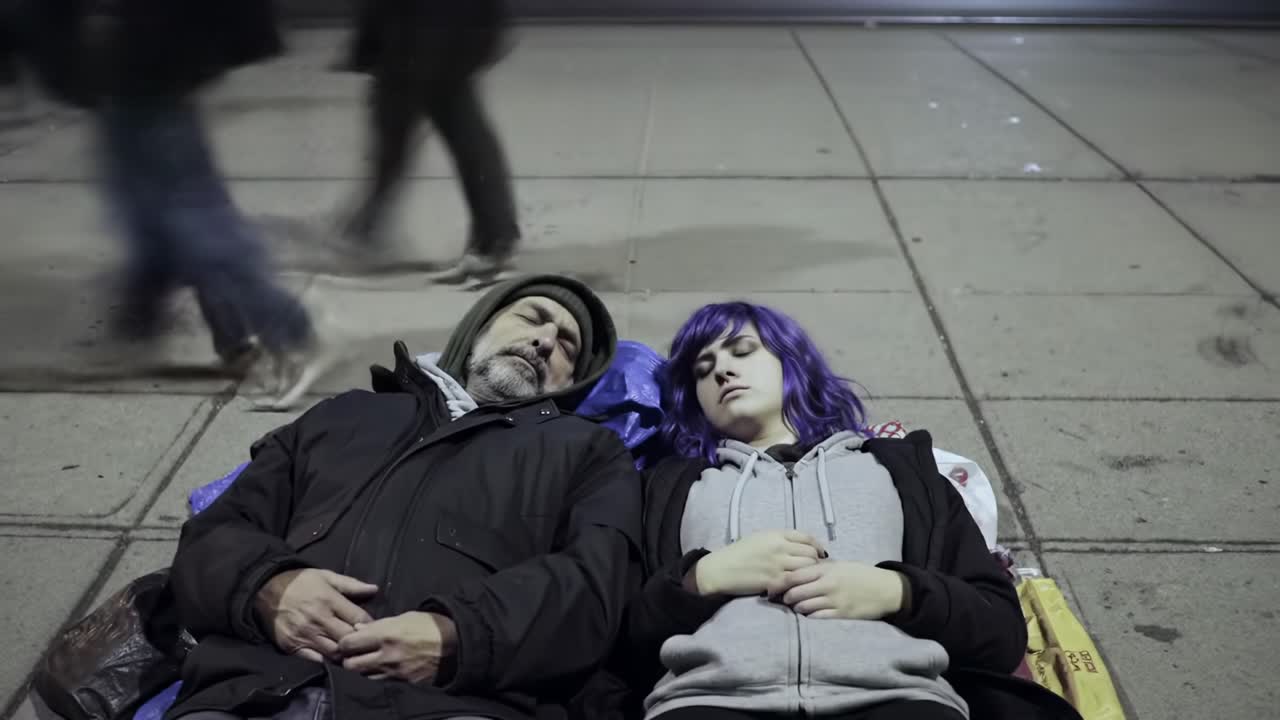 Two homeless individuals, a man and a woman, lie on the sidewalk in a busy urban area during the night. People walk past them, highlighting the stark contrast of their situation.