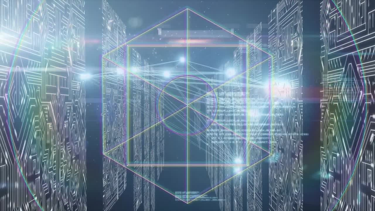 Animation of data processing and shapes on blue background