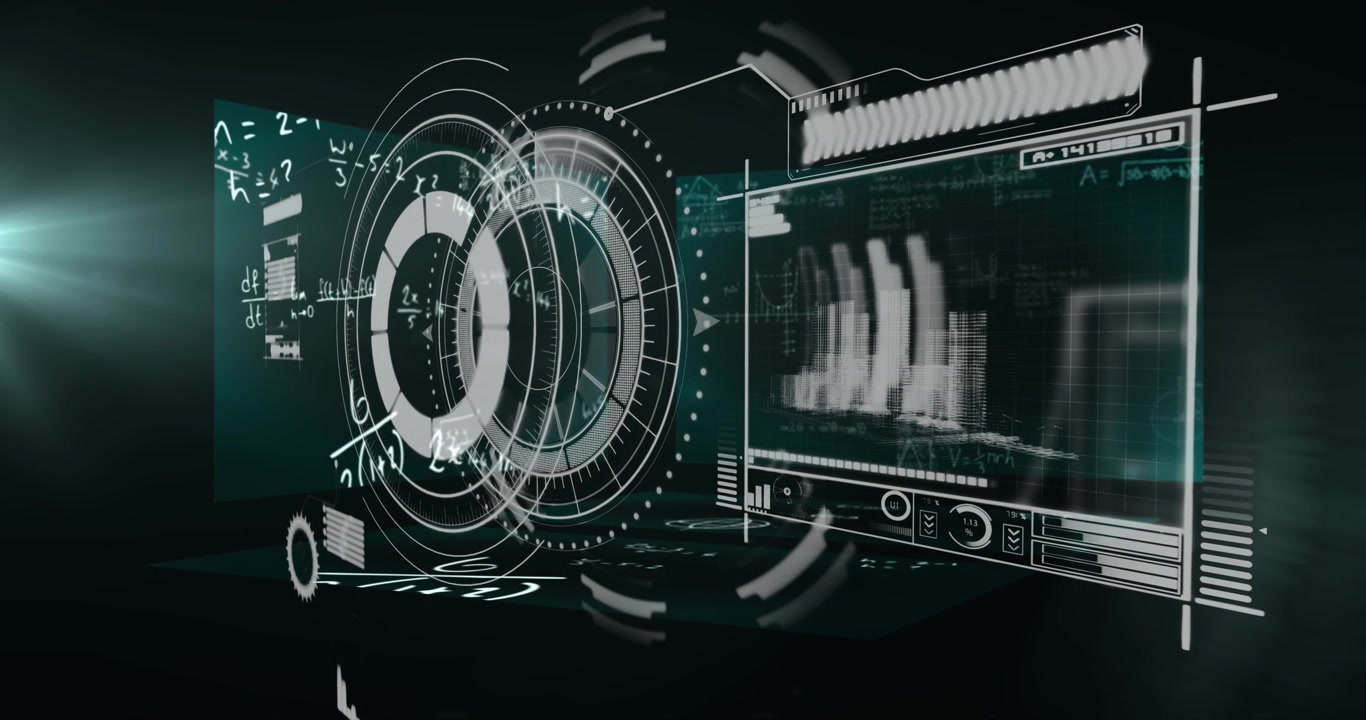Animation of interface with round scanner and data processing against mathematical equations