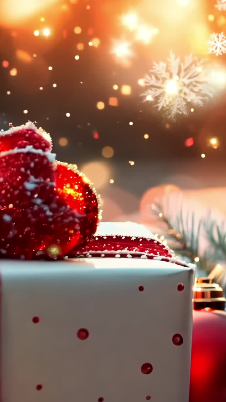 A white box with a red bow sits on a snowy ground next to a bunch of red and gold Christmas ornaments