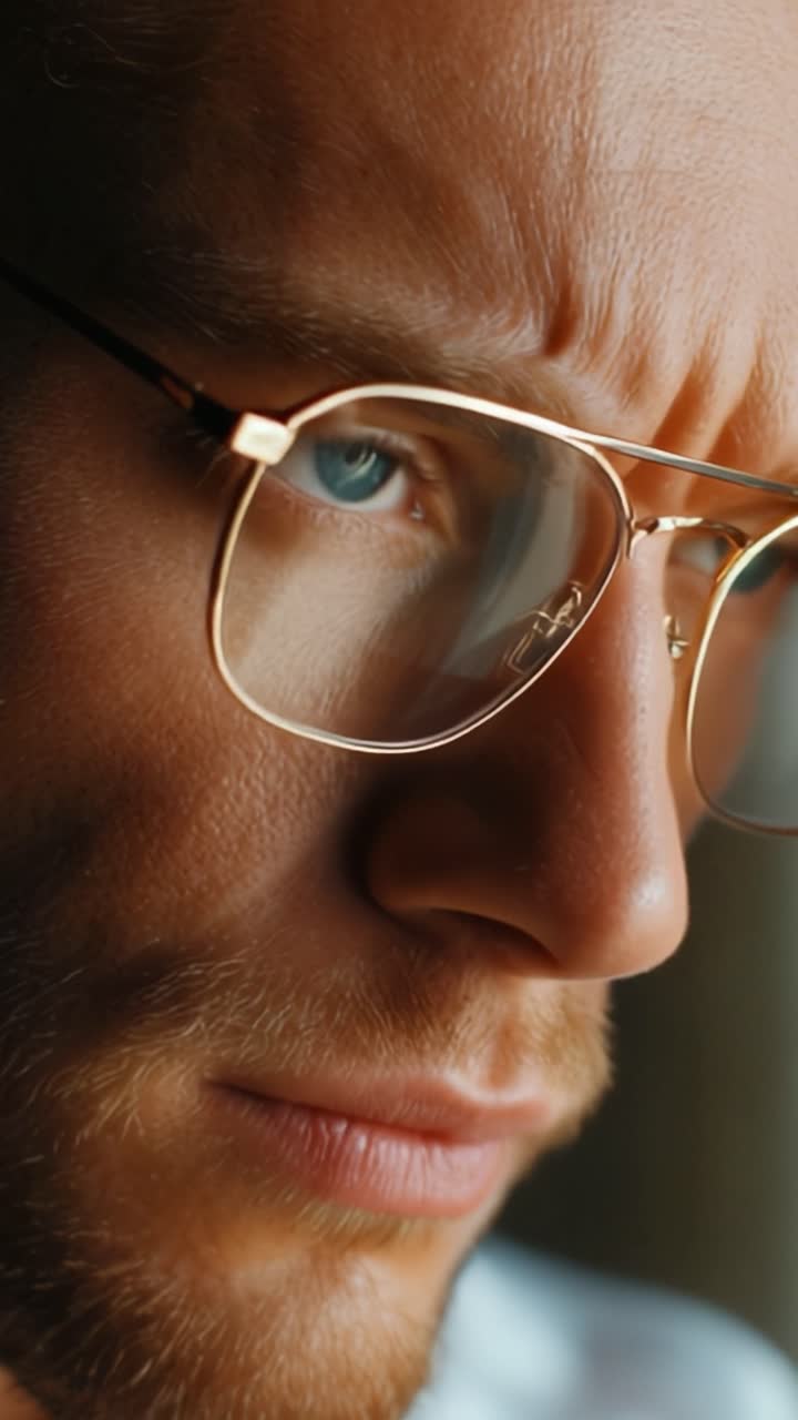 Primo piano di un uomo pensieroso con gli occhiali, che cattura intense emozioni ed espressioni in una luce soffusa, evidenziando i suoi occhi azzurri e i tratti del viso.