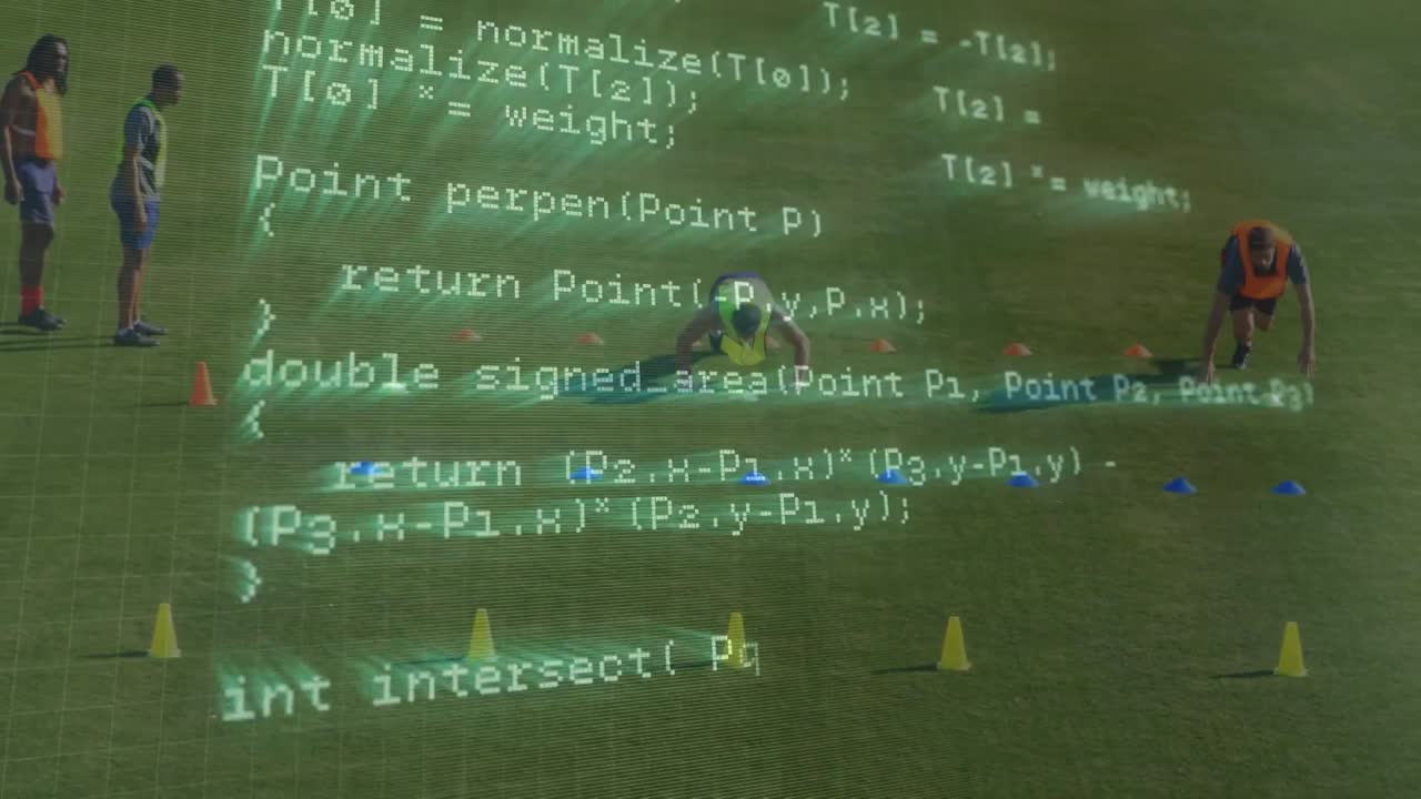 Animation of data processing over diverse male soccer players on sports field