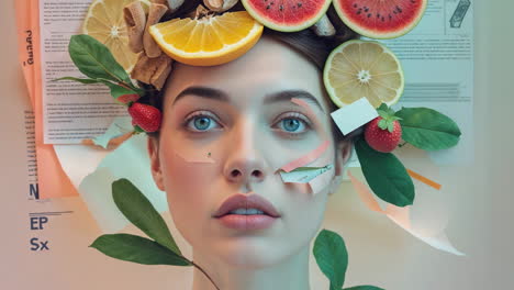 vibrant portrait of a woman with fruit and nature headpiece