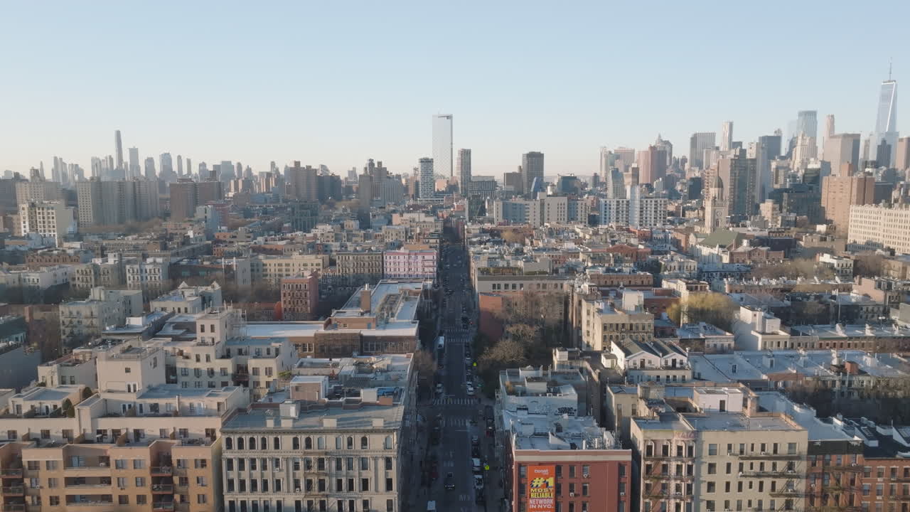 Aerial view of New York City's East Village. Shot at sunrise in Lower Manhattan
