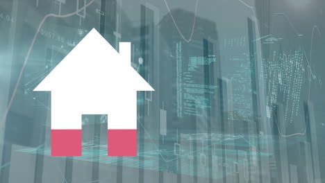 animación del icono de la casa y procesamiento de datos sobre el paisaje urbano