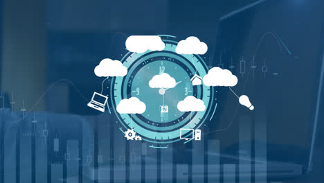 animación de nubes con iconos sobre gráfico y reloj en movimiento
