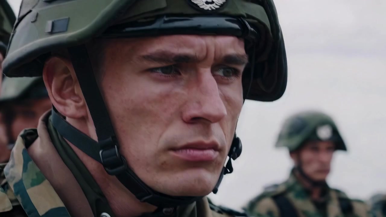 Primo piano di un soldato serio in uniforme militare e casco