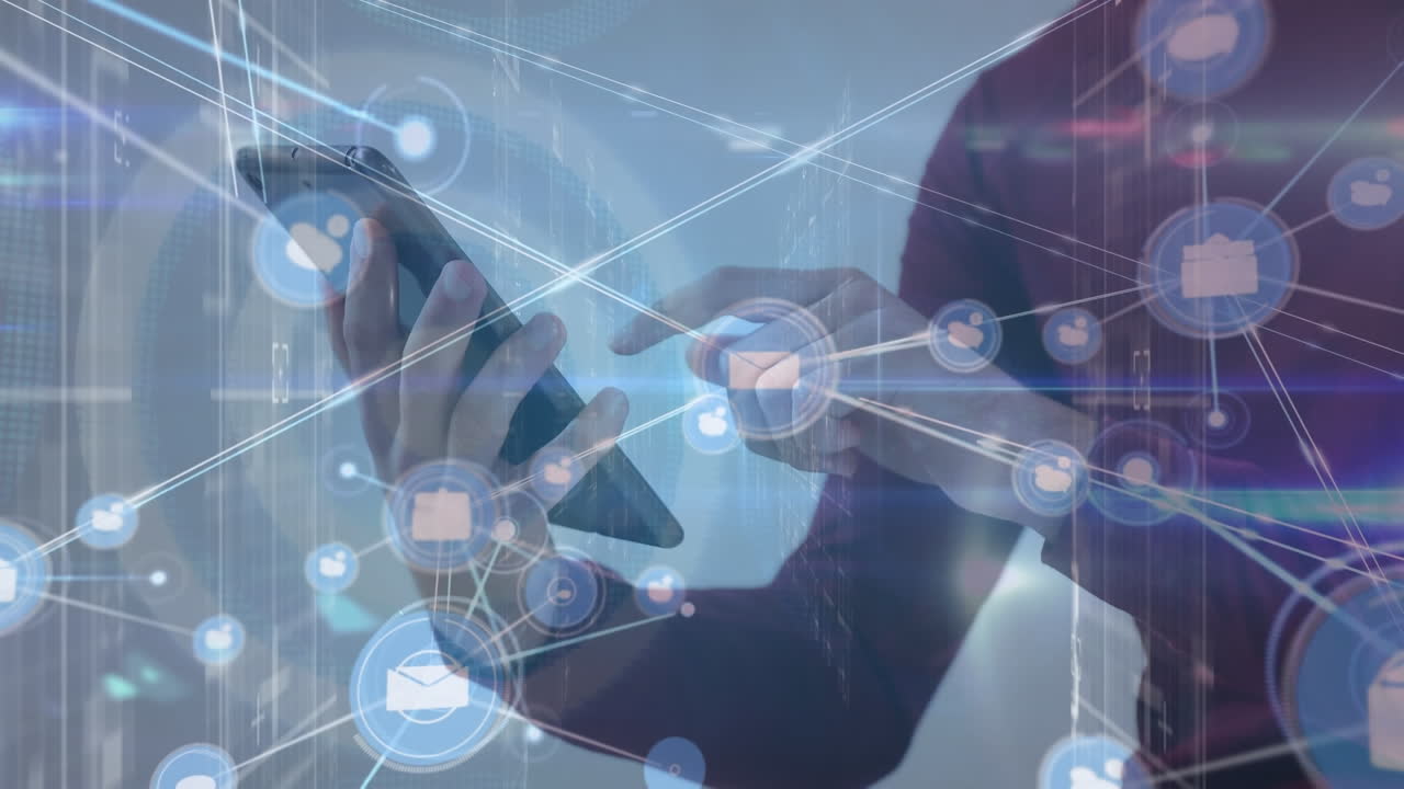 Animation of network of connections with icons over caucasian businessman using tablet