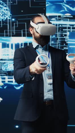 Vertical Video Business IT expert employing vr glasses and artificial intelligence brain