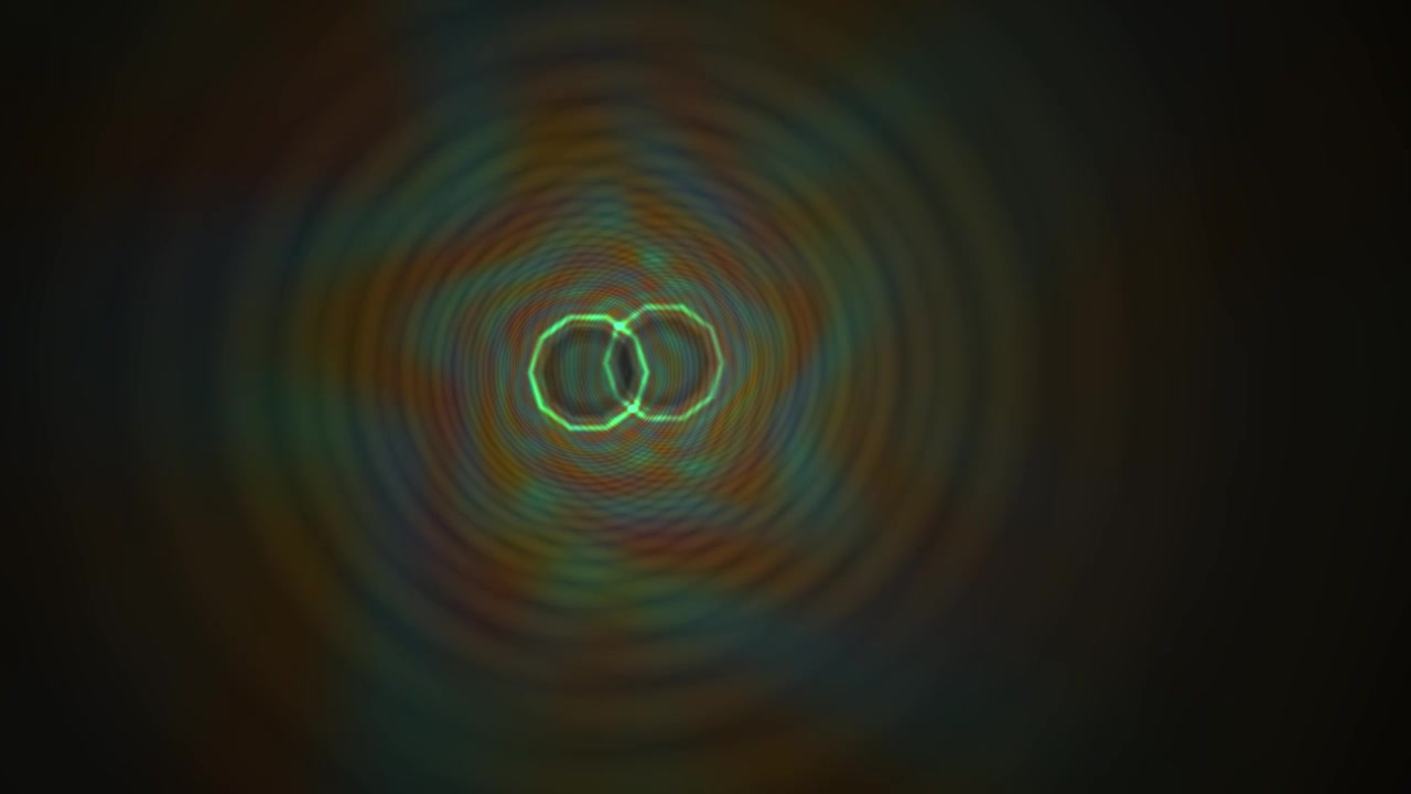 Abstracte groene achthoek die samensmelt en pulseert in een kleurrijke lichttunnel