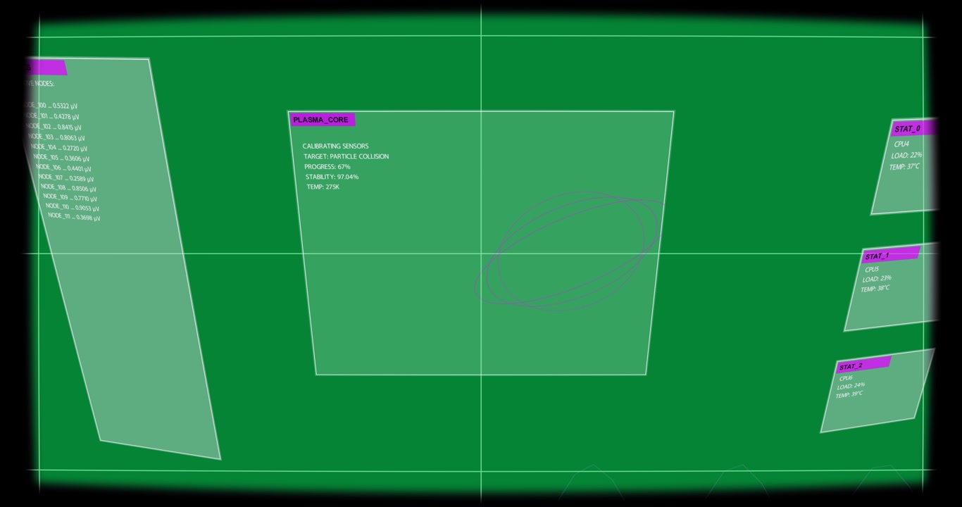Left panel appearing triggers PLASMA CORE animating magenta ellipses to calibrate on transparent bg