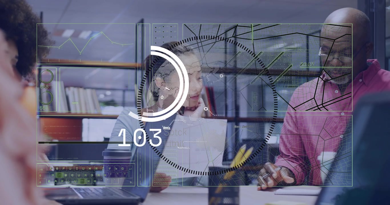 Lead woman reading, HUD overlay animating after review, values peaking then dropping, tracking KPIs