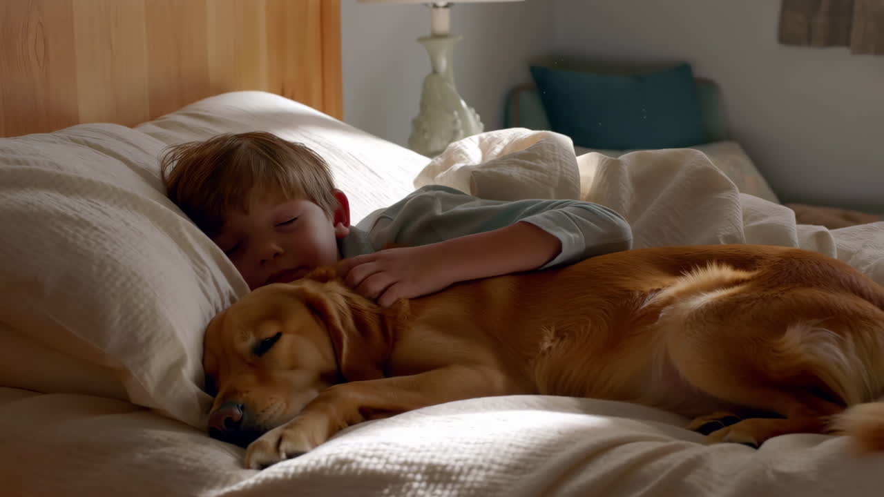 Young Boy and Golden Retriever Sleeping Together in Bed