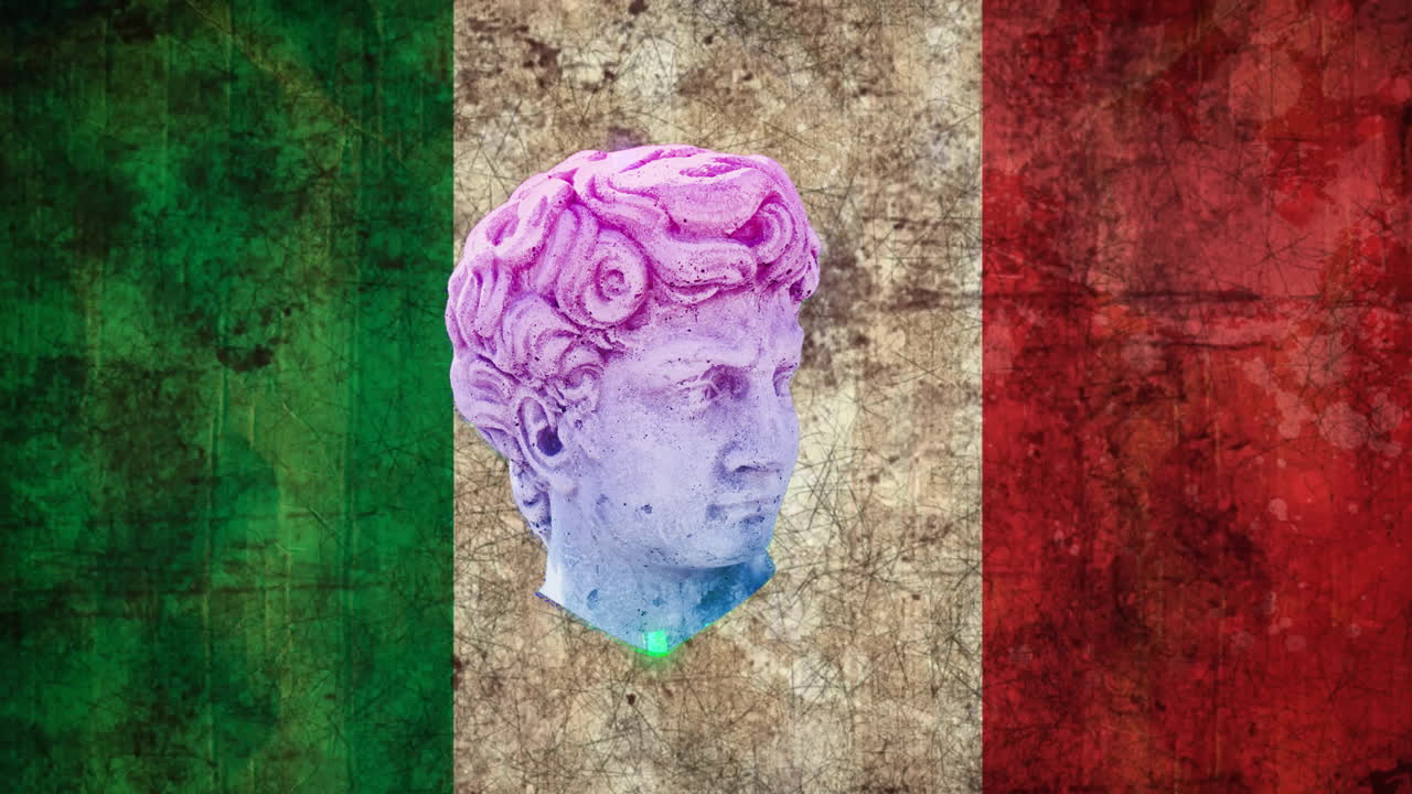 Animation of sculpture and black shapes over flag of italy