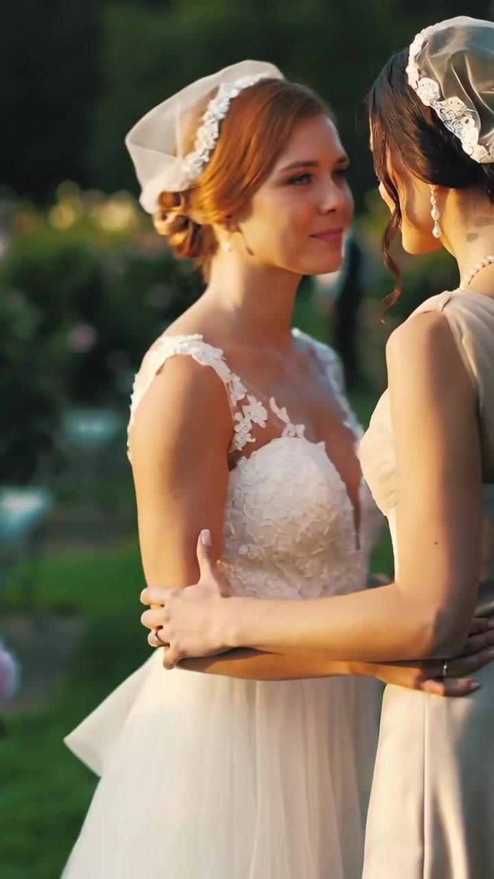 Vertical video: Soft light nudging two women in lace gowns holding each other in garden during vows