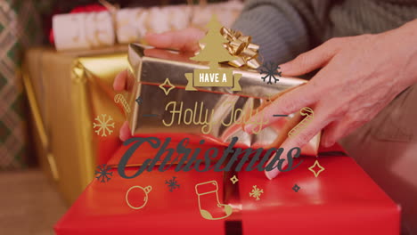 animación de saludos de navidad texto sobre familia caucásica con presente en navidad.
