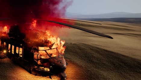 burned military helicopter in the desert at sunset