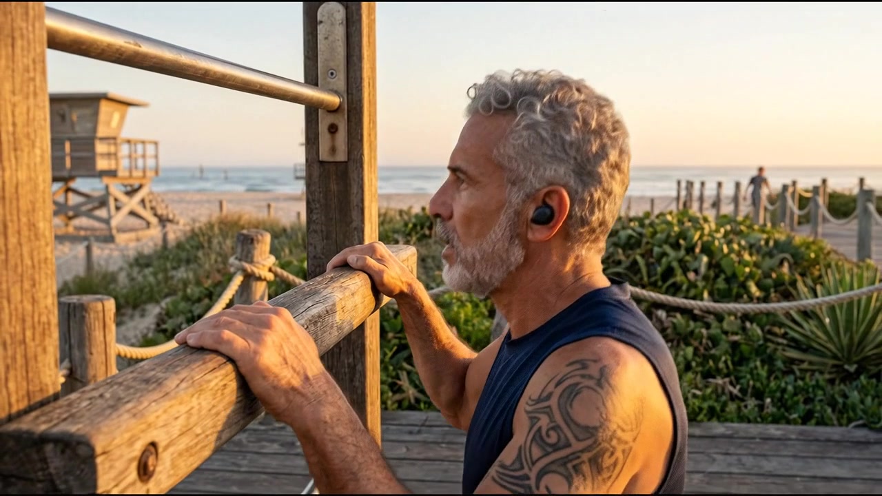 Persona che fa esercizio all'aperto vicino a un paesaggio costiero durante un'attività di benessere e fitness