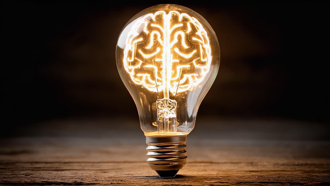 Una lampadina unica con un filamento a forma di cervello, che illumina creatività e intelletto, simboleggiando idee, innovazione e la fusione di scienza e arte in un design visivamente sorprendente.
