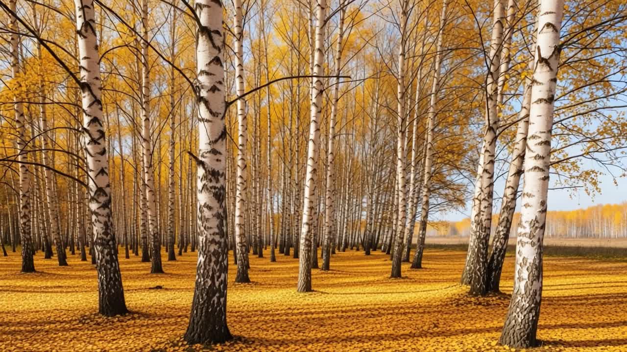 A breathtaking view of a serene birch tree forest during autumn, adorned with vibrant golden leaves carpeting the ground and abundant sunlight filtering through the branches