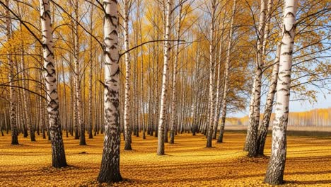 a breathtaking view of a serene birch tree forest during autumn, adorned with vibrant golden leaves carpeting the ground and abundant sunlight filtering through the branches