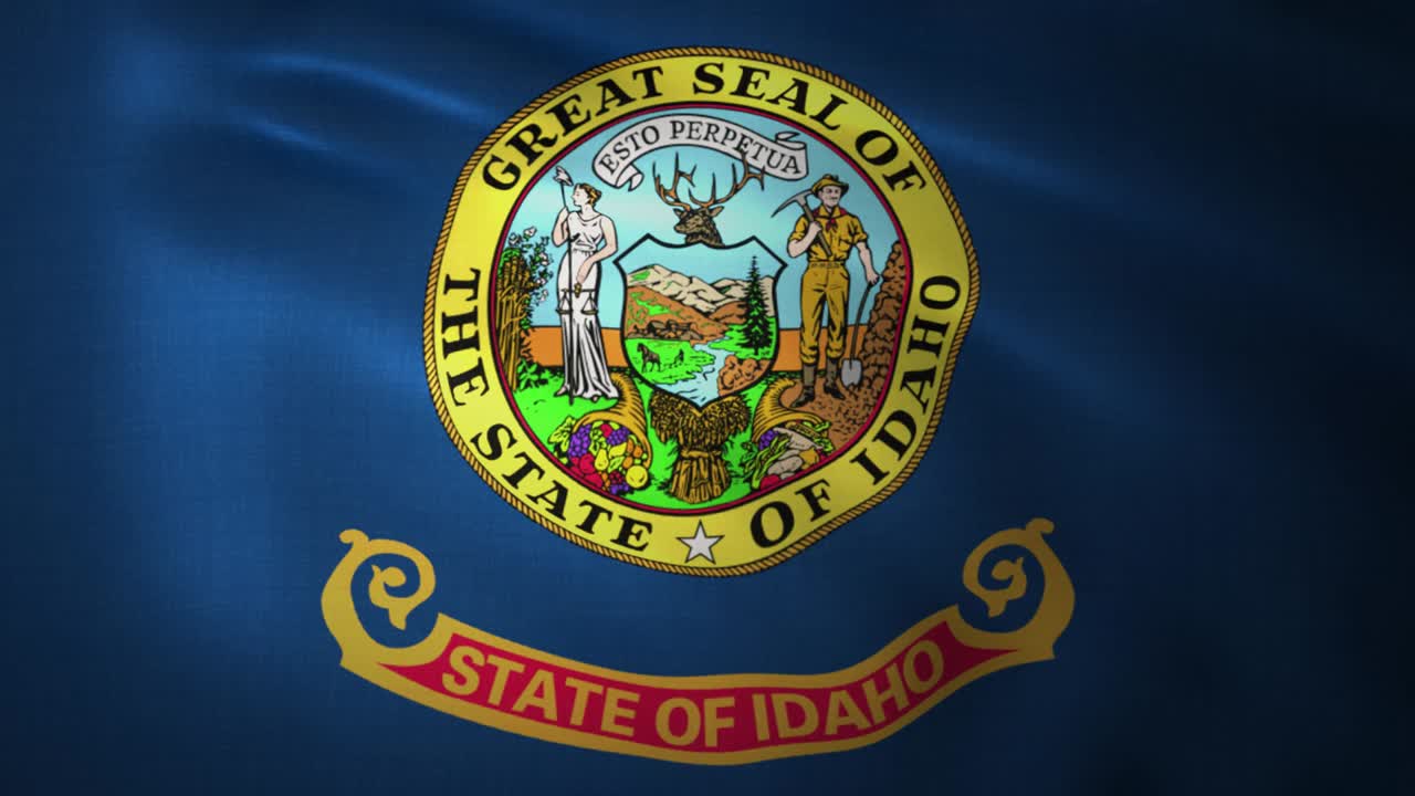 Bandiera dell'Idaho che sventola. Animazione 3D realistica in primo piano al rallentatore