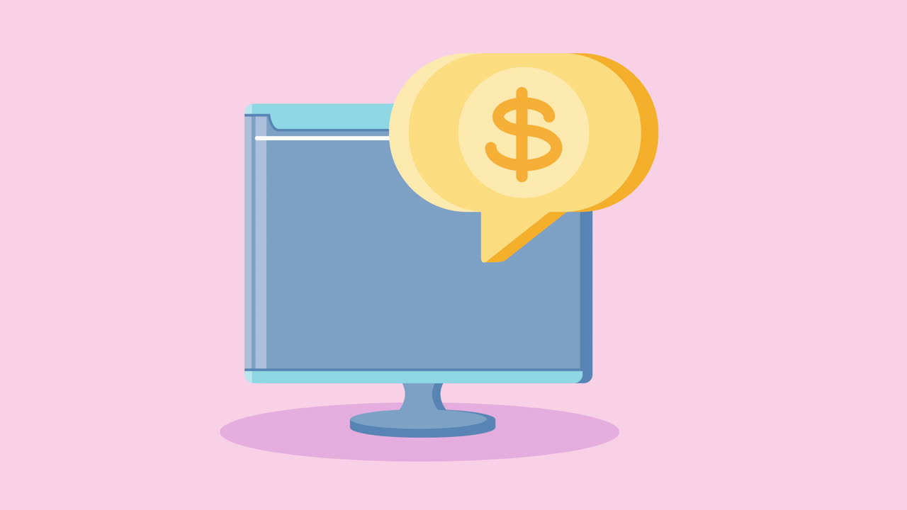 데스크 및 스피치 버블을 가진 전자 상거래 애니메이션