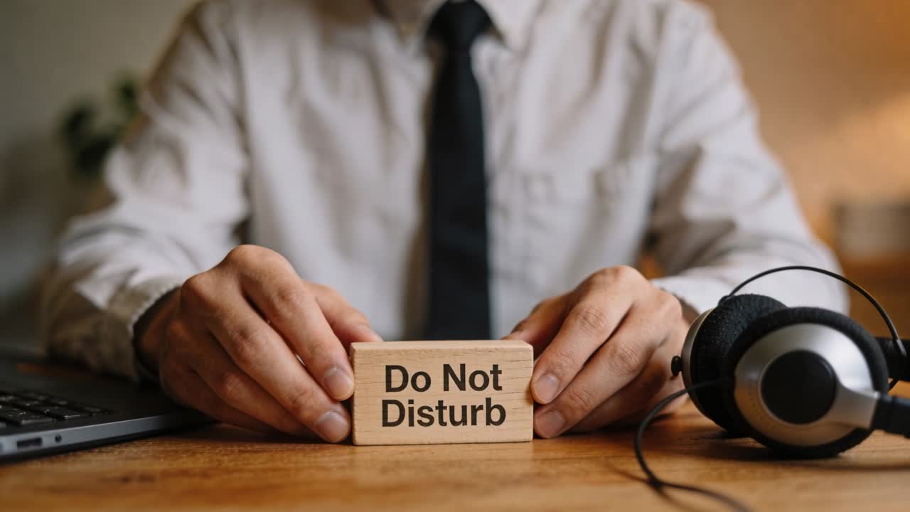 Sitting man in shirt and tie placing Do Not Disturb block on desk to signal focus