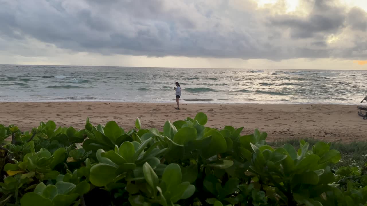 바다를 바라보는 여자가 사진을 찍기 위해 멀리서 돌아다닌다