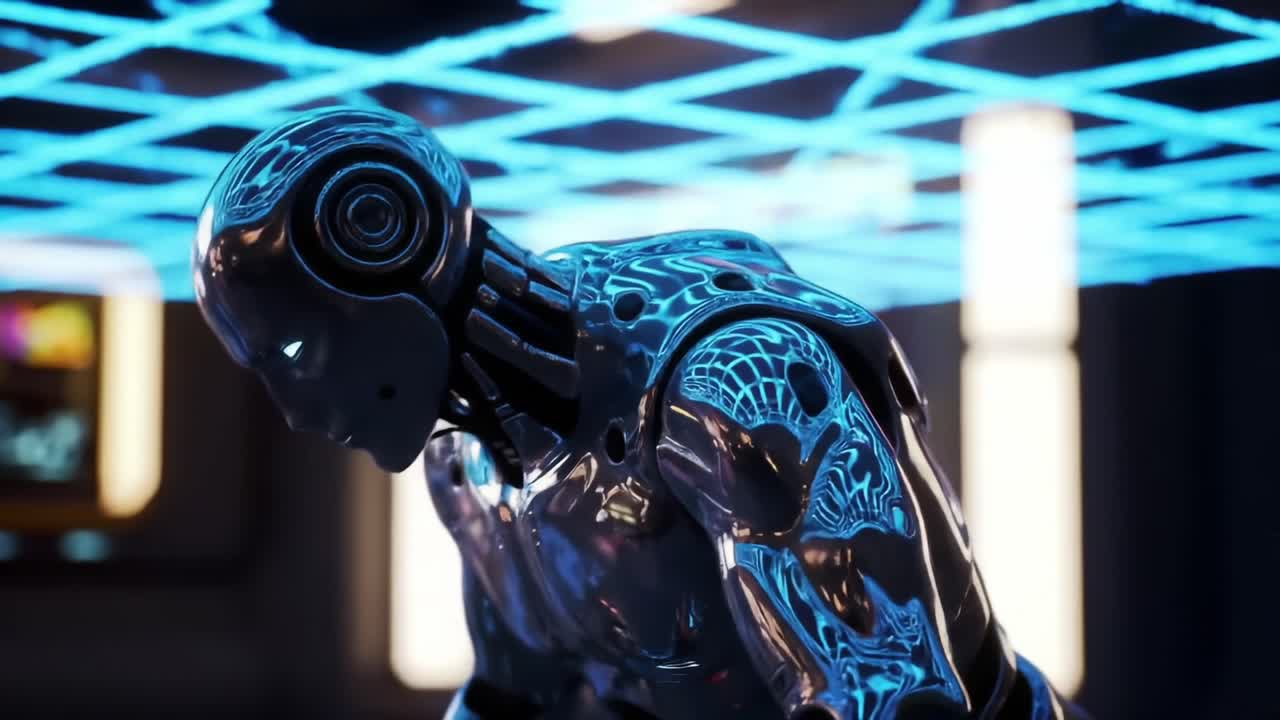 Futuristic Robot in a High-Tech Environment: An Exploration of Advanced Robotics and AI in a Neon Lit Space