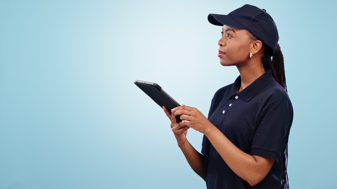 Tablet, checklist and black woman with delivery
